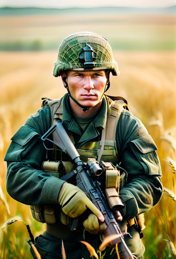 Masterpiece cinematic photo, photograph cinematic photo a russian Up to date  soldier (close-up) with a weapon in his hands ,Tactical camouflage,  ultra detailed, ultra sharp, ((best quality, симметрия)), ((masterpiece)), Walking through a rye field, ripe rye, morning, fog,  photograph, film, bokeh, professional, 16k , oil and watercolor painting, dark, chiaroscuro 