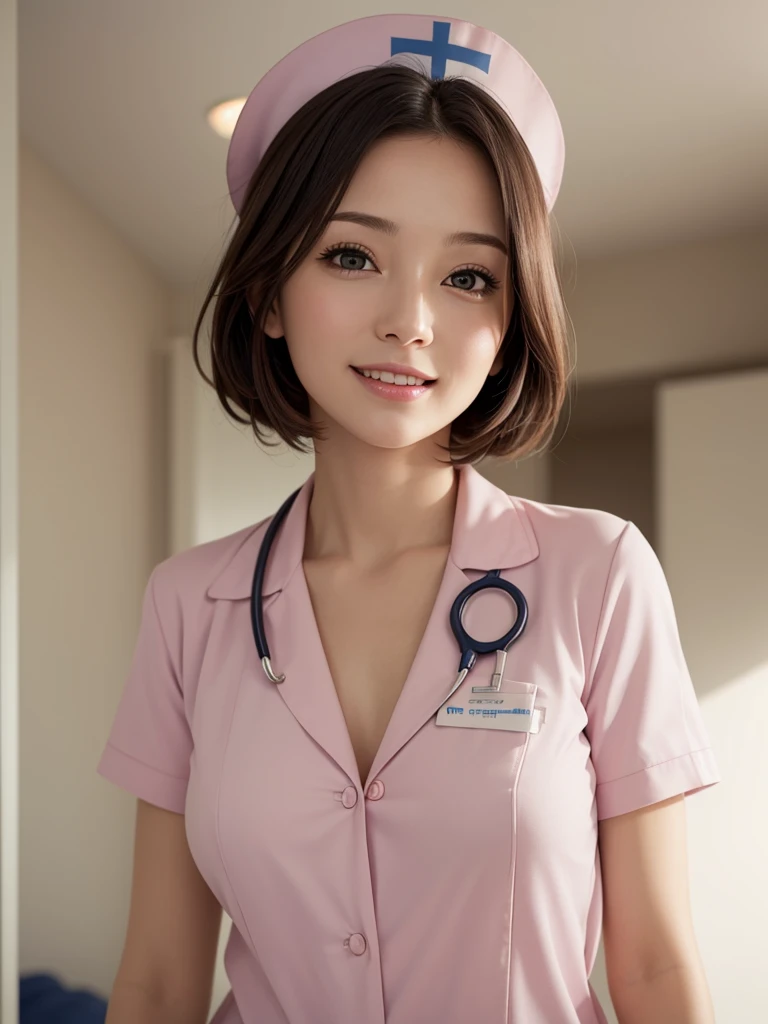 (photo realistic:1.4), (hyper realistic:1.4), (realistic:1.3), (smoother lighting:1.05), (Improve the quality of cinematic lighting:0.9)、natural light、professional photos, realistic portrait,(1 female), medium hair, wonderful face and eyes, very cute face, smile, energy, vitality, (real short nurse uniform:1.2), light pink, white, (Nurse uniform with open chest:1.4),  (hospital room), Stethoscope, White Wallpaper, sexy portrait of girl, (view from below:1.2)