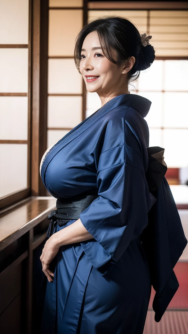 Mature attractive sexy woman,50 years old, ((kimono)),((ultramarine))、(((kimono))),Shut,((Big Breasts:1.2)),(Facial wrinkles:1.3),light makeup,Light brown hair,Long Hair,(Full body photo:0.85),(Emphasize big buttocks),8k, RAW Photos, Highest quality, Laughter,masterpiece,Highest quality、A kind smile、A captivating gaze、Random Hairstyles、Japanese-style room、Shoji Screen、lanthanum、