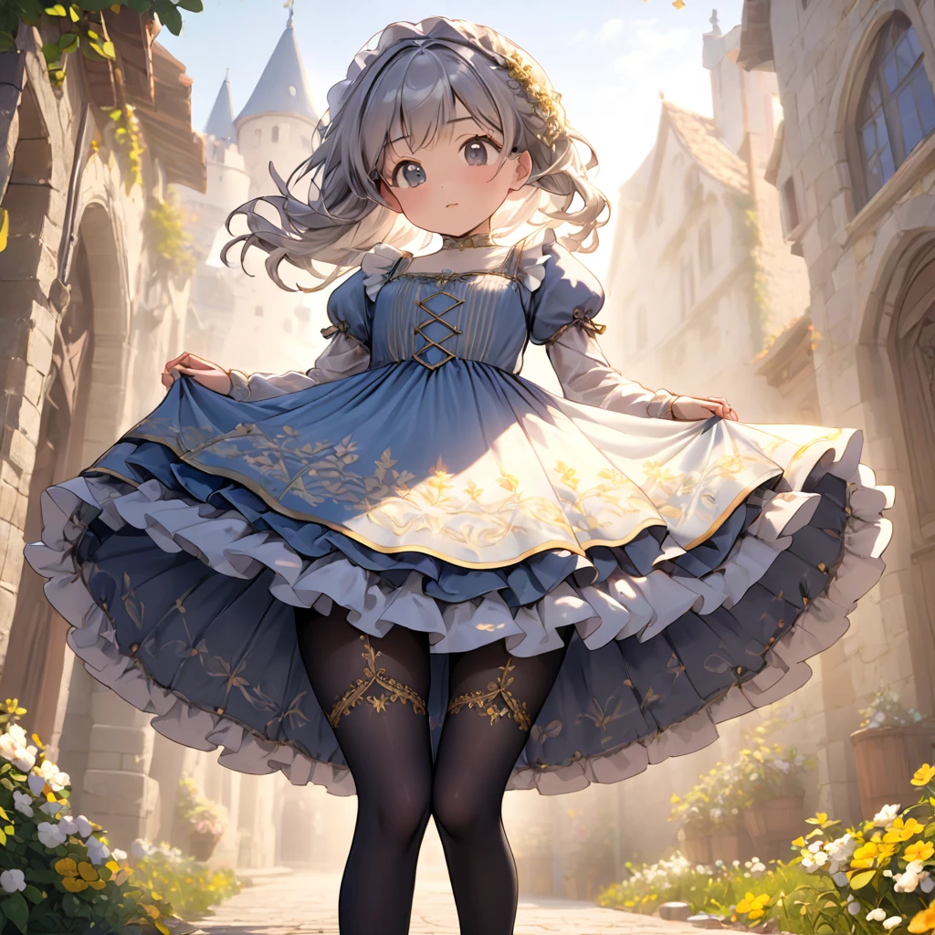 (Highly detailed CG Octane render 8k wallpaper), 8 year old girl underwear, You can see the real bloomers made of cotton fabric., Medieval translucent dress with panniers, Fabric Realism, Low Angle, Pull up the dress by hand, Strong winds, Translucent slip, Translucent slip, tights, Highest quality, whole body, I can see your thighs, Silver and gold embroidery