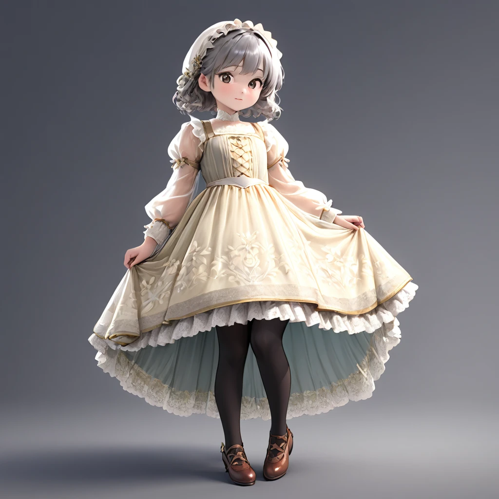 10 year old girl underwear, Realistic panties made of patterned cotton fabric, Medieval one-piece dress with panniers, Fabric Realism, Low Angle, You can see the drawer, Pull up the dress by hand, Strong winds, Translucent slip, Translucent slip, tights, Highest quality, Crotch close-up, whole body