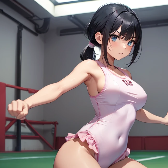 Master piece, best high quality image, carefully detailed details and textures, alone character, full character view
{{(1character: 25 years old black haired japanese human girl: (fair skin, black short hair tied in two short twintails, beautiful blue eyes, beautiful face, sharp eyebrows, nice figure, , beautiful legs, fierce expr, brave demeanor, karate fight pose), (pink one-piece swimsuit, hip frills), (white colored japanese karate training room, karate training arena, no people around))}}