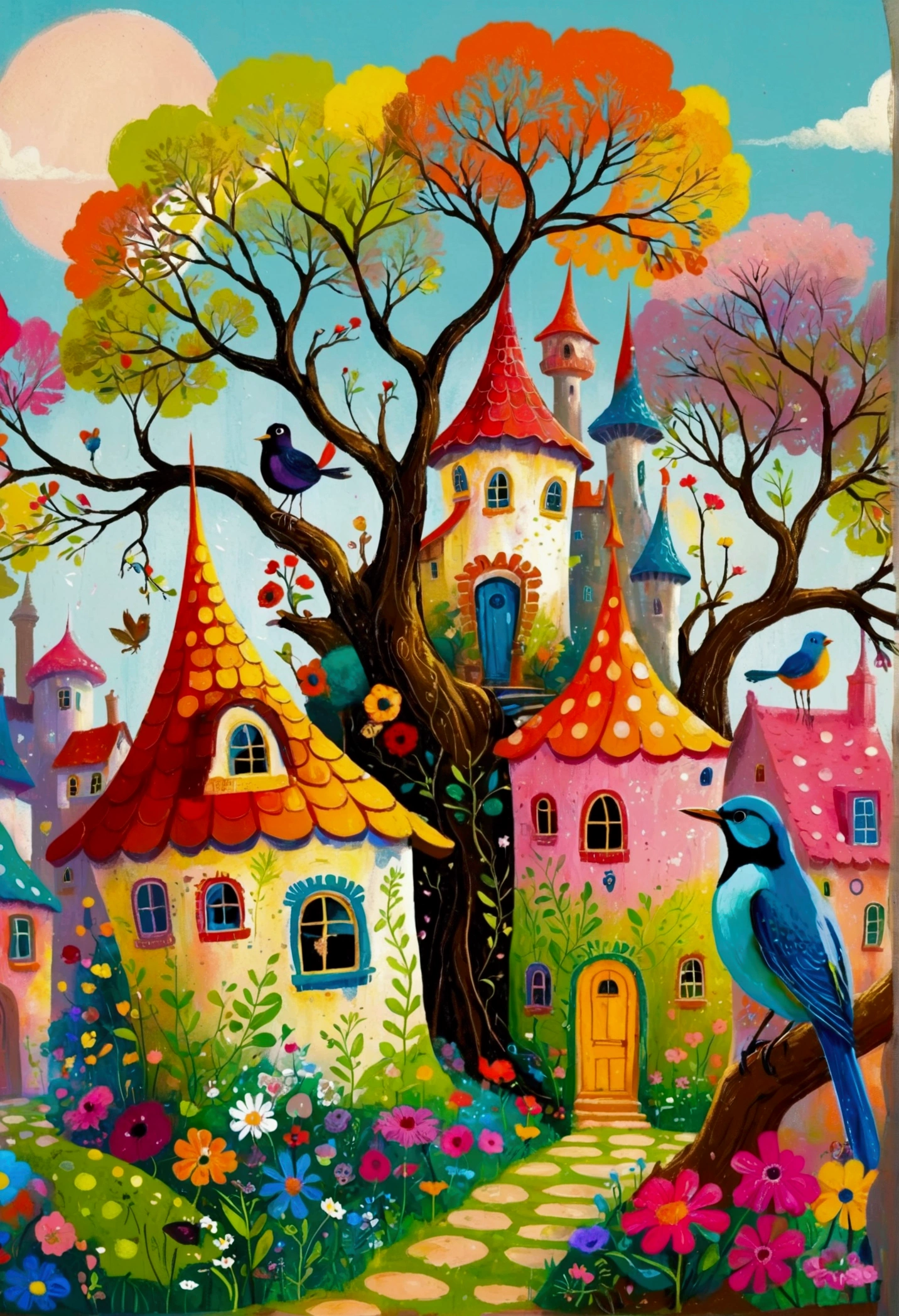 Pastel Art:Magic Castle,a tree,There is a bird in the tree,Dot,line,Eye, Popular trends on pixabay, Childish Art, Fantastic art, Fantastic and psychedelic, rich and colorful house, sunlight and Fantastic houses, Fantastic fantasy landscape art, rich and colorful illustration, rich and colorfull illustration, Magical Village, Fantastic!!, Wizarding World. rich and colorful, Fantastic!!!, colorful、Rich details waiting to start