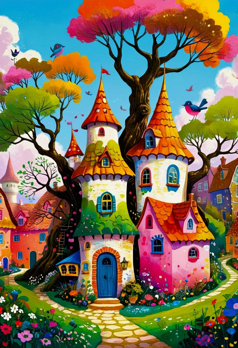 Pastel Art:Magic Castle,a tree,There is a bird in the tree,Dot,line,Eye, Popular trends on pixabay, Childish Art, Fantastic art, Fantastic and psychedelic, rich and colorful house, sunlight and Fantastic houses, Fantastic fantasy landscape art, rich and colorful illustration, rich and colorfull illustration, Magical Village, Fantastic!!, Wizarding World. rich and colorful, Fantastic!!!, colorful、Rich details waiting to start