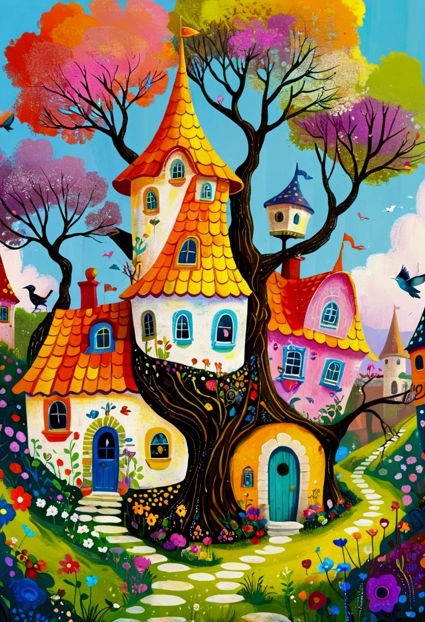 painting of a rich and colorful house with a tree and a bird, Magical Village, Whimsical fantasy landscape art, Whimsical and psychedelic, large rich and colorful images, Whimsical Art, Wizarding World. rich and colorful, colorful、Rich in details, Maximalist Digital Art, whimsical surrealism, Detailed Dreams, Psychedelic surrealist art, rich and colorful illustration, highly intricate and rich and colorful, intricate rich and colorful masterpiece, rich and colorful art