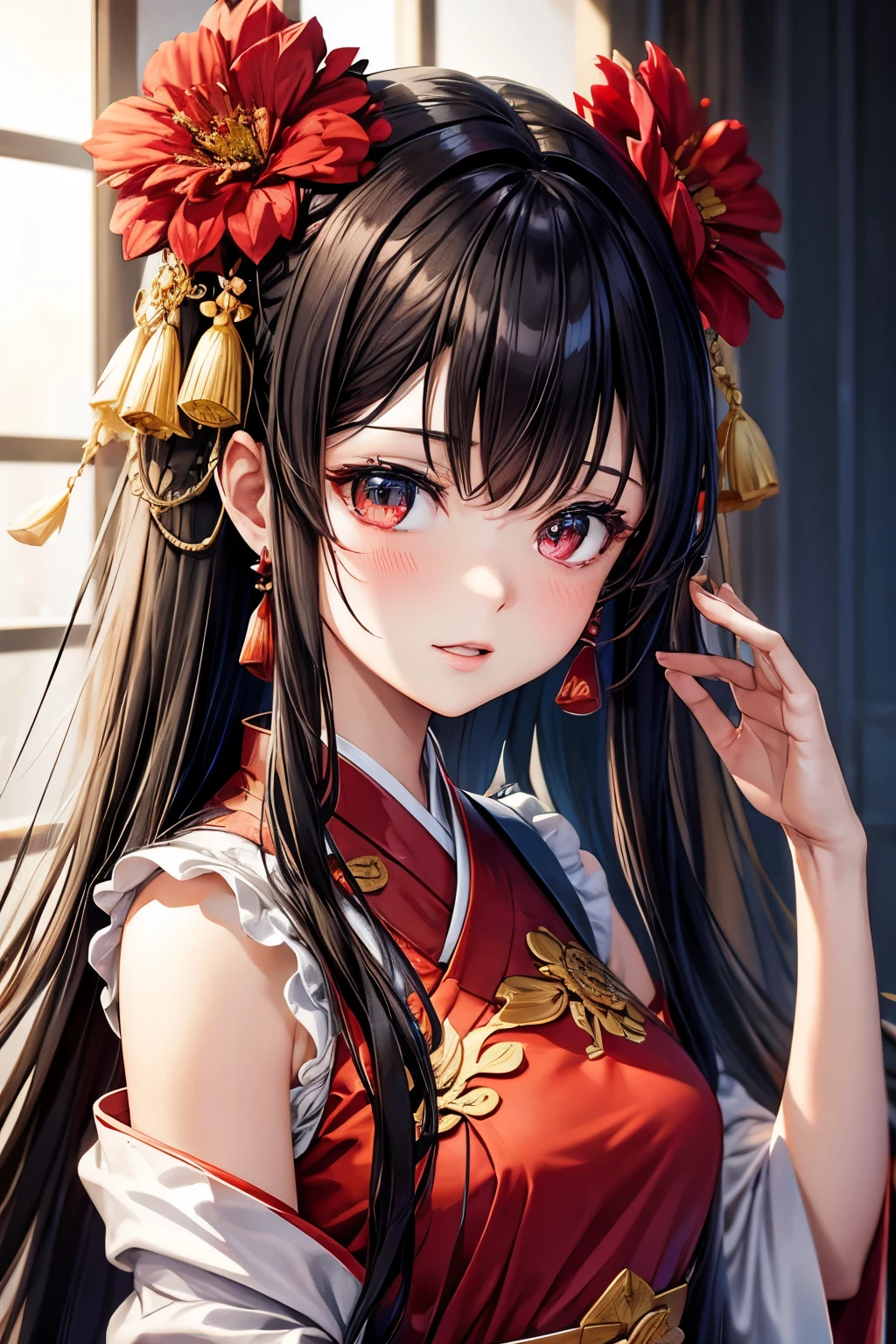 Wearing a red and black dress、Anime girl with red flowers in her hair, artwork in the style of Guvez, Guvez, Chinese girl, Popular topics on cgstation, Cute anime waifu wearing beautiful clothes, Guvez on pixiv artstation, palace ， A girl wearing Hanfu, Beautiful digital art work, Guvez on artstation pixiv