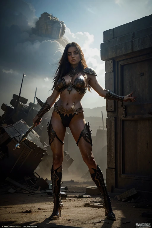 masterpiece, best quality,adult,A goddess of war with glowing eyes, magical tattoos, battle scars on her skin, and a mystical bloodied weapon in her hand, standing in a powerful pose with intricately designed mythic motifs on her armor, against a chaotic battlefield illuminated by otherworldly light, with fallen enemies at her feet