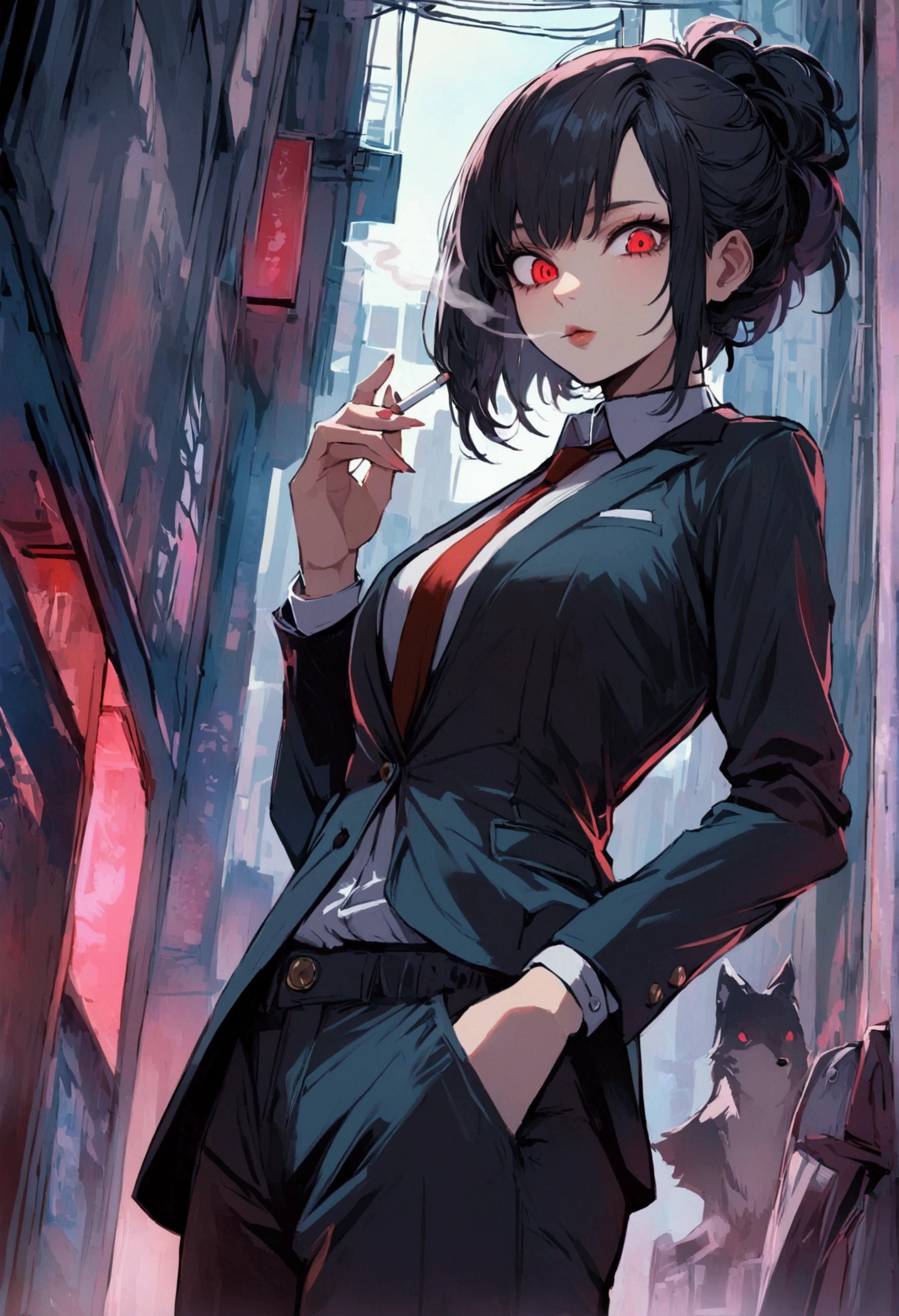 a woman in a suit, looking down at viewer with sharp eyes, she is lightining a cigarette, beautiful, red eye, black hair, wolf hair cut, low angle view