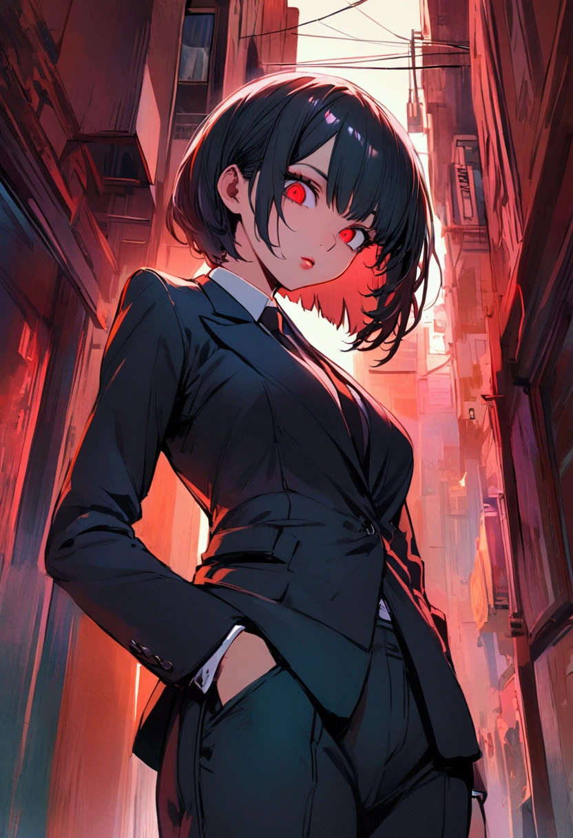 a woman in a suit, looking down at viewer with sharp eyes, she is smoking a cigarette, hands are in the trouser pocket, beautiful, red eye, black hair, wolf hair cut, low angle view