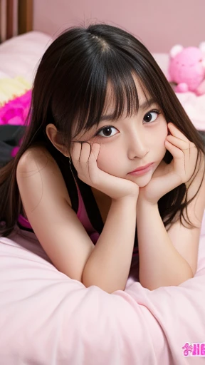 nsfw,My cute G-cup high school sister is lying face down on her pink bed in my sister's pink room.、She's taking a selfie with her cute nightgown camisole pulled up to show her underboobs and her hands stretched out。The photo was leaked on a secret account。Cute and defenseless thong nightgown。My sister's room has pink walls。laughing。masterpiece, best quality, Real Image, Super detailed, fine details, High resolution, 8k,wall paper, perfect dynamic composition,(Details High quality, realistic depiction of eyes:1.3),