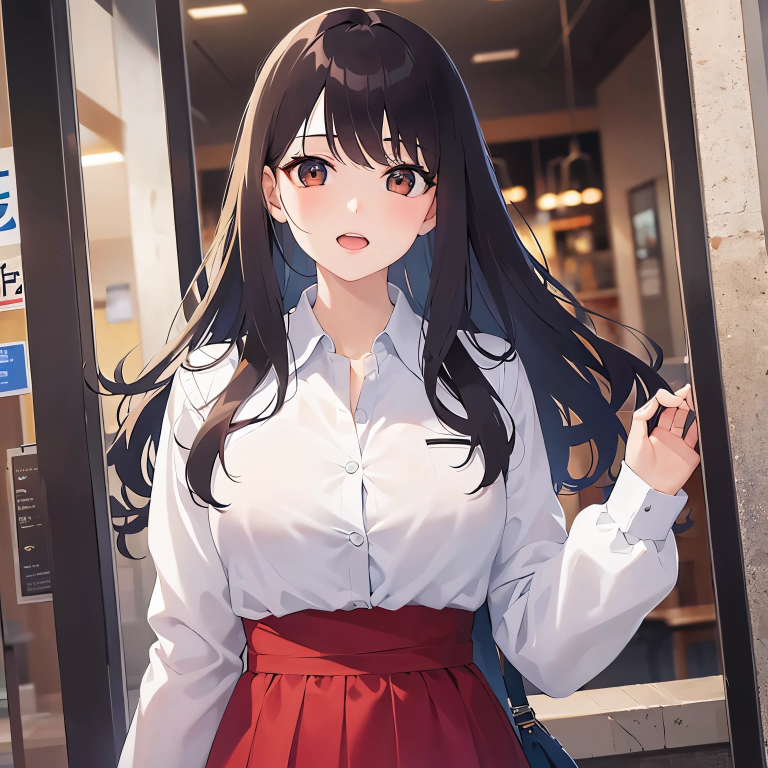 (looking at viewer:1.5),Upper Body, (hand to own mouth:1.5)、wide-eyes、Realistic, real person, (pale skin: 1.2), RAW photo, photorealistic, shiny skin, shiny hair、 (A 25-year-old woman with medium-length hair and bangs) and (wavy hair) and (brown hair) and (orange eyes) 、 amazed,open mouth、White long sleeve dress、The background is inside the restaurant