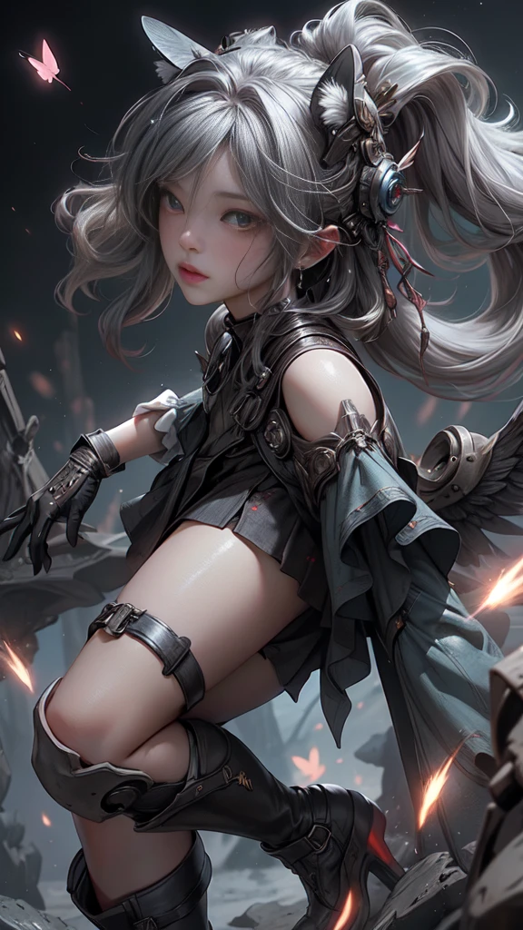 ((Highest quality)), ((Truly a masterpiece)), ((Ultra-detailed:1.4)), ((Ultra-Photorealistic 3D)), Android Magical Girl, Mechanical body, Dynamic action poses for battle scenes, Very complex and heavy fighter aircraft mechanical armament, Off-the-shoulder fashion that combines steampunk and gothic ta with attention to detail, Intricate steampunk headgear, Very thin、Over-the-knee reggae mechanical boots、Fluttering lace flare mini skirt、 Beautiful small breasts directed upwards、Swaying in the Wind、Long, curly silver hair,、Countless large, shining spheres fly around、Lots of sparks cross and fly、Countless neon lights pouring down from the magical pose、Complex and precise mechanical Night City、Very dark background、Very dramatic and cinematic lighting、Big wings on the back8Growing in Sheets。