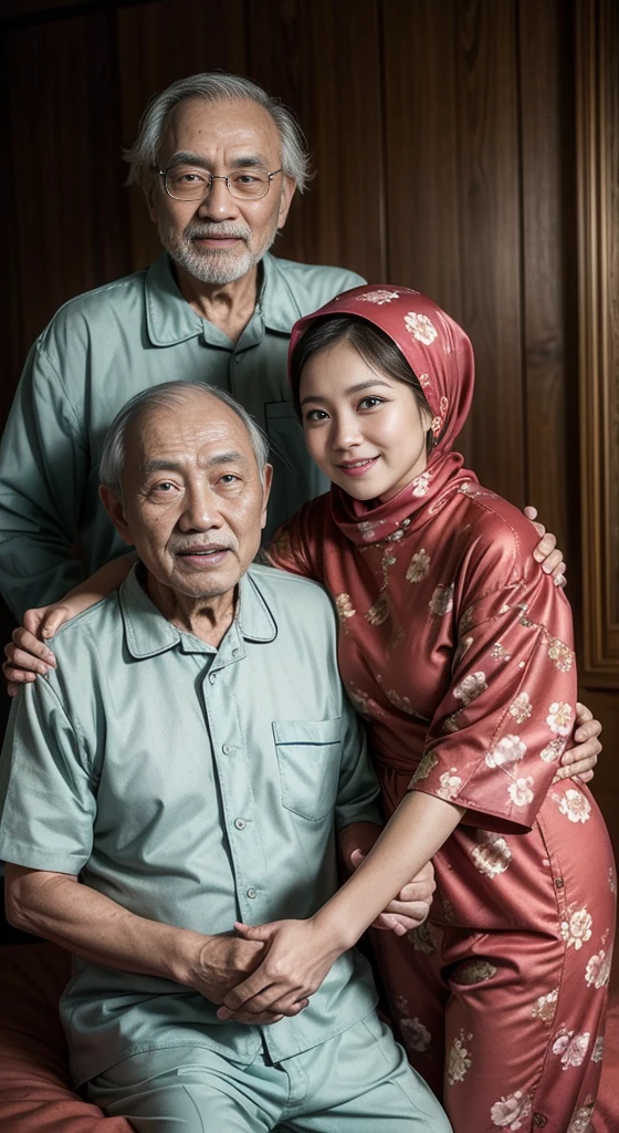 (masterpiece, best quality:1.2), cowboy shot, solo, 1 malay girl and 1 malay Old man, old man wearing pijamas, smile, couple Old man behind in girl, red floral lace hijab, girl naked, Old man husband and wife girl. Old man 80 year old, girl 20 year. Bedroom background.