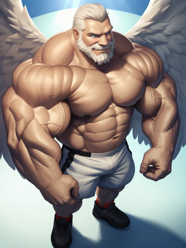 heaven, Solo, 1boy, perfect anatomy, angel, drone view, white skin, high shoot, up view, perfect proportion, (huge halo, wing, angel wings), sharp eyes, big eyes, peaceful, angel eyes, halo, (smile, happiness), calm, perfect fingers, big hand, fingers. Huge Muscular Old man with short hair, shoes, (white shorts), view from side, pectoral, thick arms, huge pectoral, wide pectoral, white hair, white beards, simple background, masterpiece, semirealistic:1.2, high detailed, 8k, high resolution, perfect center, full view. ((really big muscle, massive muscular, sixpack, thick arms, wide pectoral, super huge muscle, hyper muscular, over sized muscle, huge arms, big arms, huge pectoral))