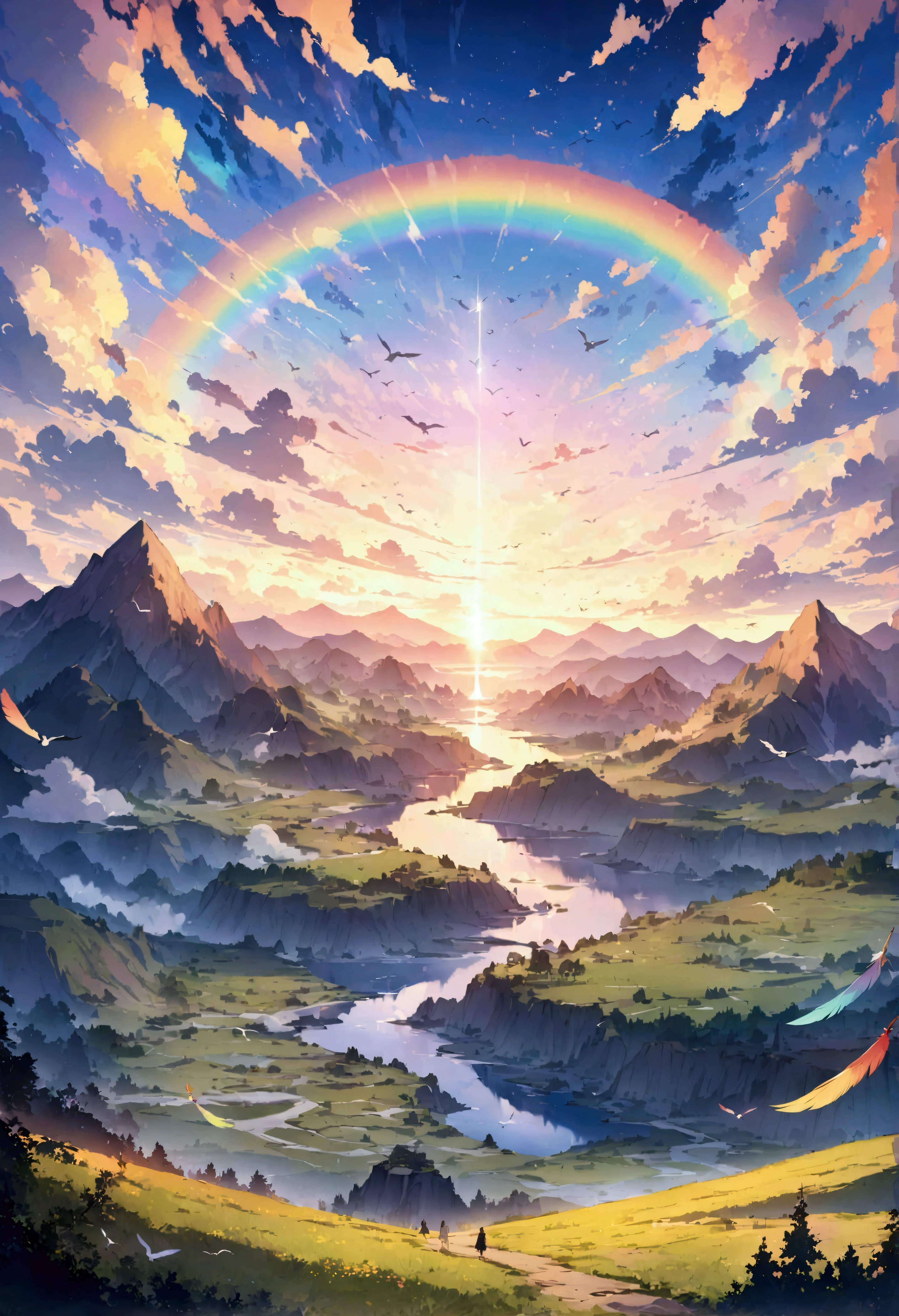 anime、デジタルanimeアート、Flat Design,(masterpiece:1.2)、high quality、High resolution、Very detailed、(Amazingly absurd:1.2)、break,Bird with rainbow feathers、Colorful background、Beautiful light effects、Fantastic landscape