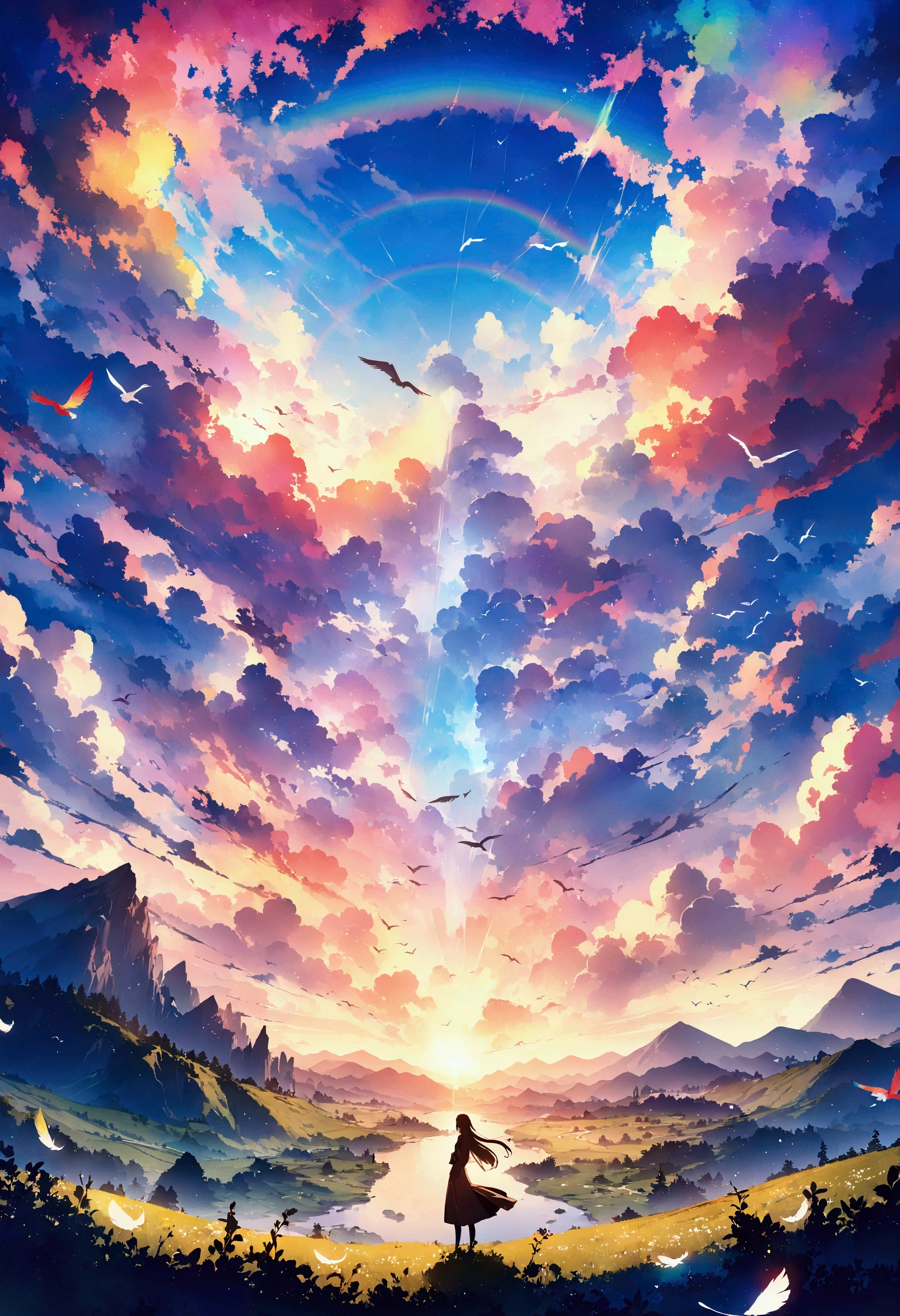 anime、デジタルanimeアート、Flat Design,(masterpiece:1.2)、high quality、High resolution、Very detailed、(Amazingly absurd:1.2)、break,Bird with rainbow feathers、Colorful background、Beautiful light effects、Fantastic landscape