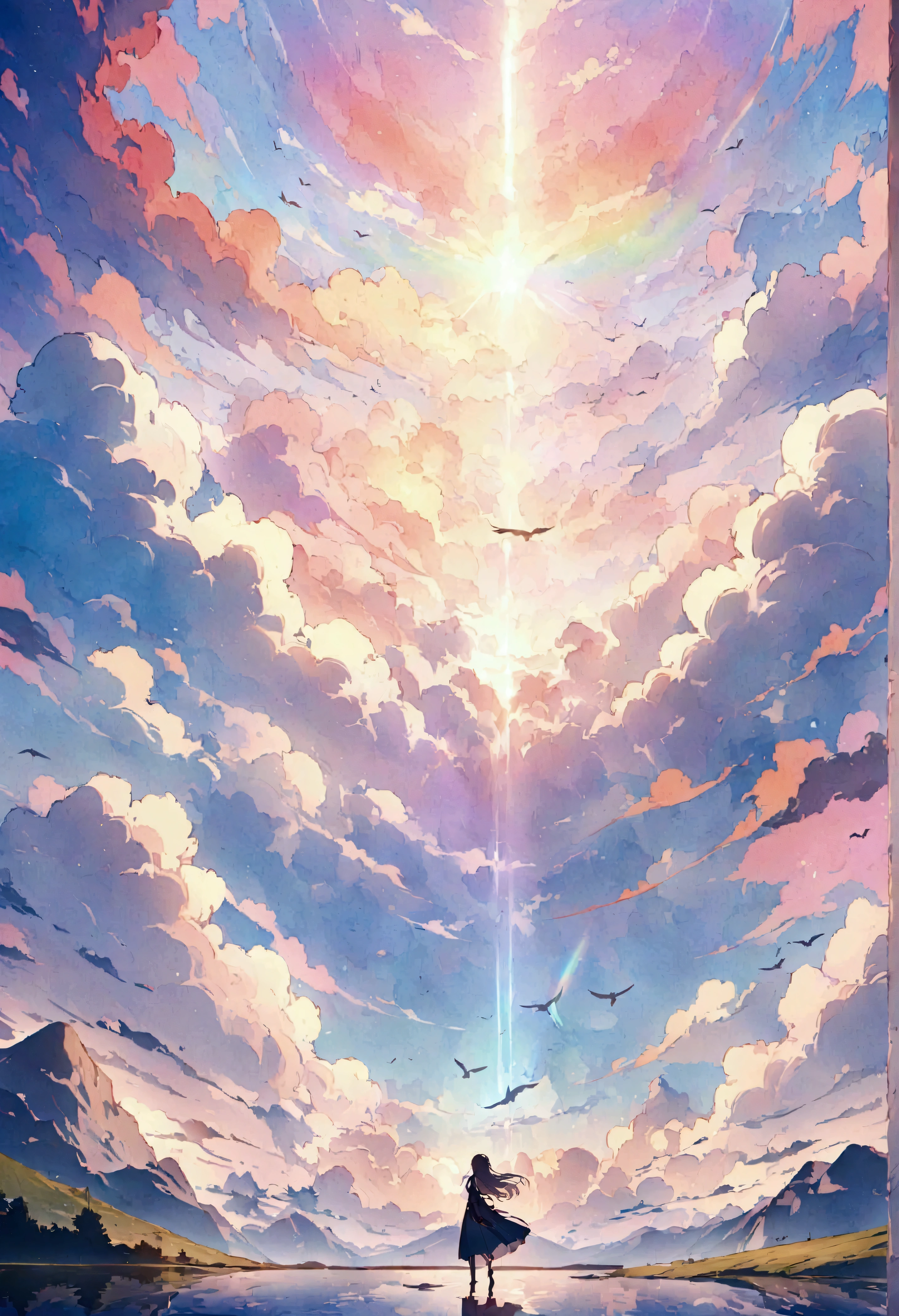 anime、デジタルanimeアート、Flat Design,(masterpiece:1.2)、high quality、High resolution、Very detailed、(Amazingly absurd:1.2)、break,Bird with rainbow feathers、Colorful background、Beautiful light effects、Fantastic landscape