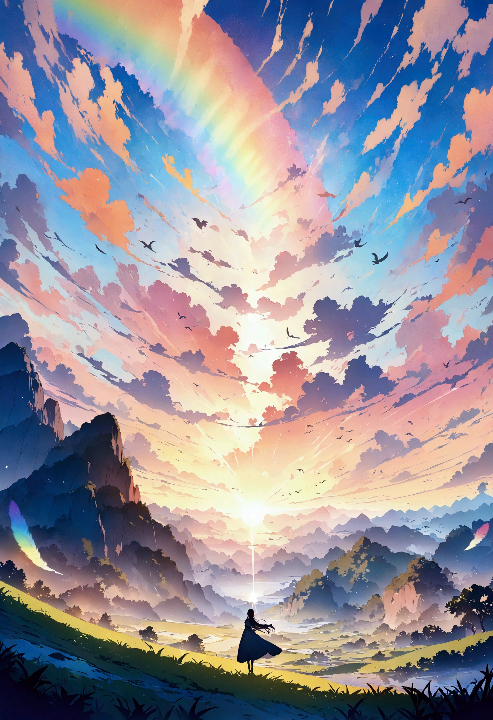 anime、デジタルanimeアート、Flat Design,(masterpiece:1.2)、high quality、High resolution、Very detailed、(Amazingly absurd:1.2)、break,Bird with rainbow feathers、Colorful background、Beautiful light effects、Fantastic landscape