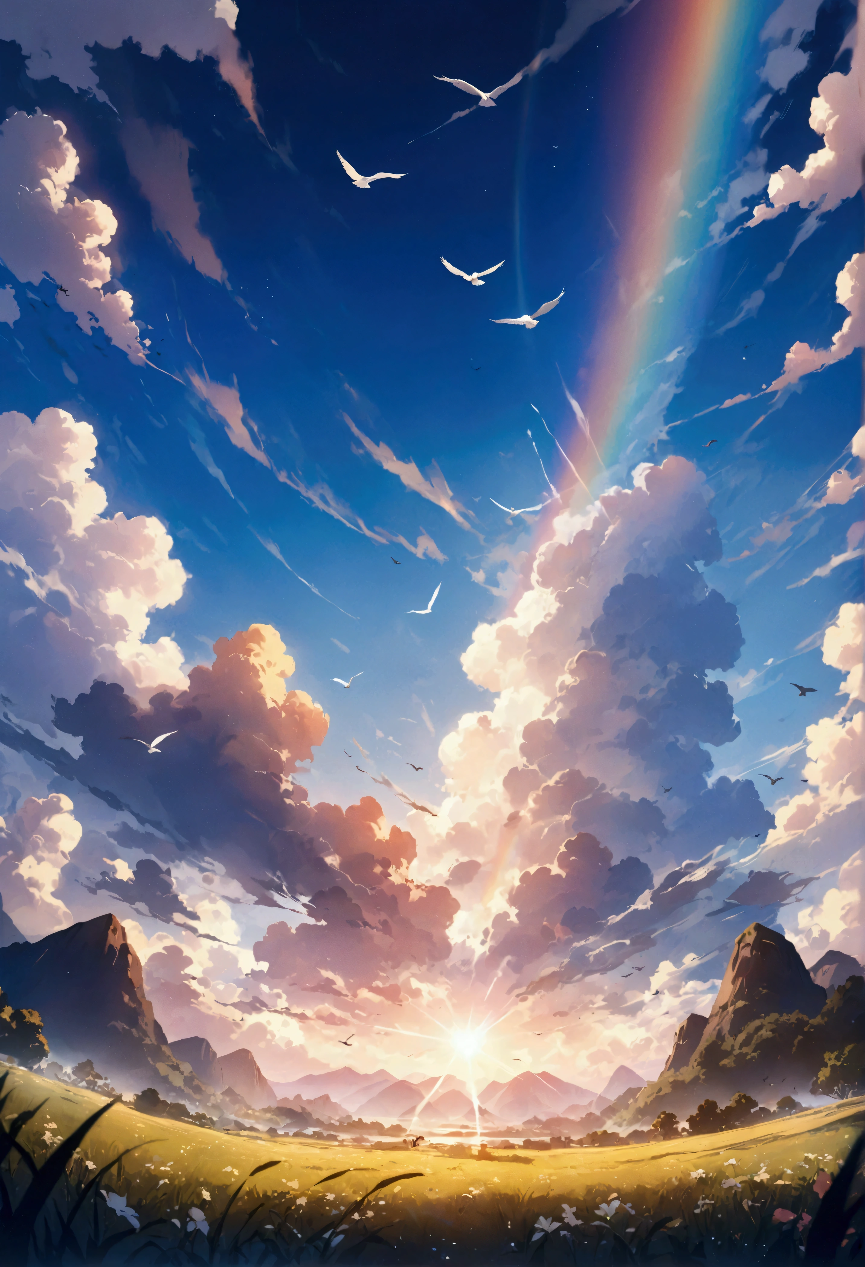 anime、デジタルanimeアート、Flat Design,(masterpiece:1.2)、high quality、High resolution、Very detailed、(Amazingly absurd:1.2)、break,Bird with rainbow feathers、Colorful background、Beautiful light effects、Fantastic landscape