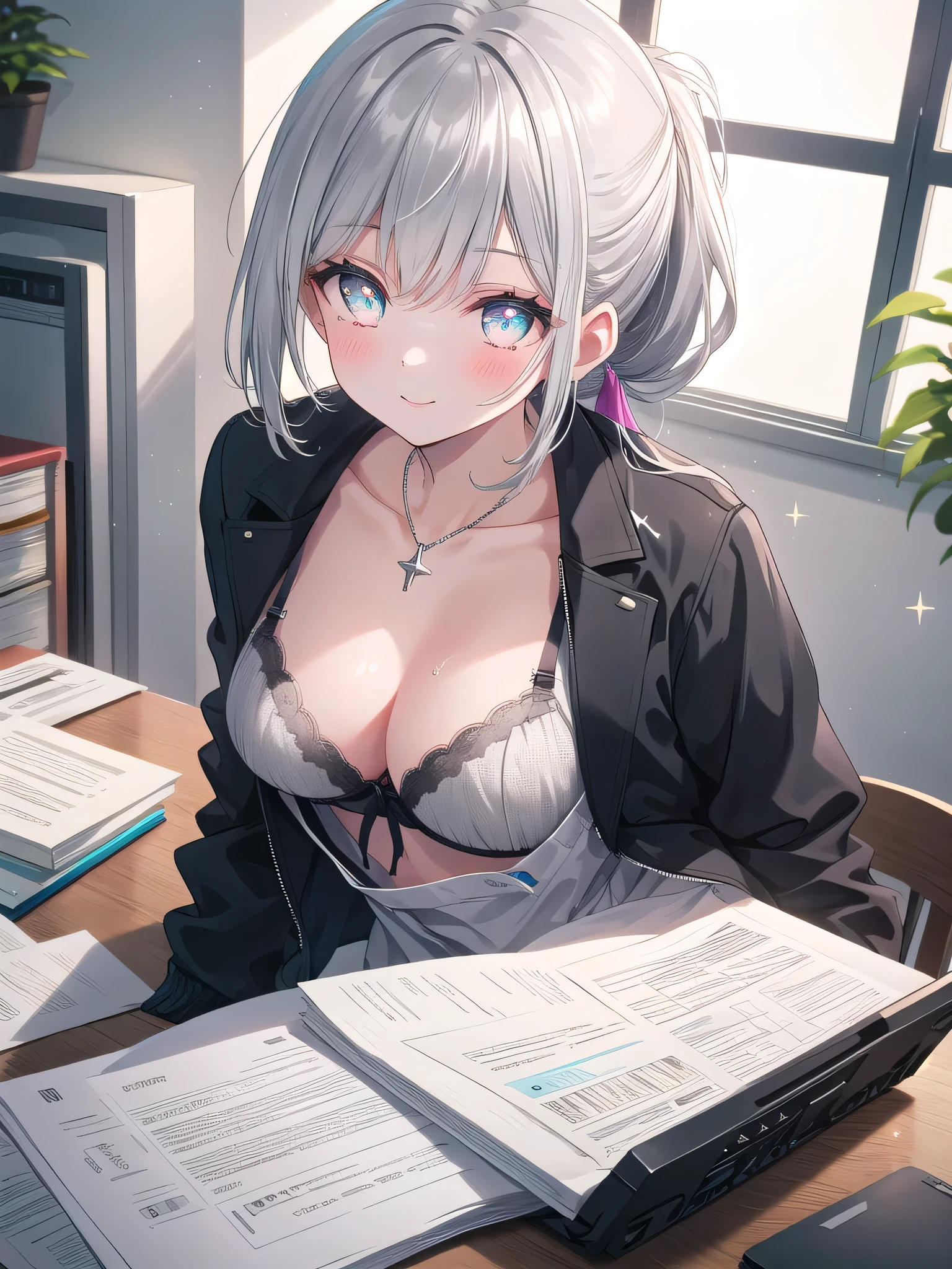 (8K, Best Quality, Masterpiece:1.3)), Ultra High Resolution, (1 Girl, 1 Person), (Color Changing Eyes, Super Detailed, Expressive Sparkle, Sparkling, Glowing Eyes), Highly Detailed Eyes, Highly Detailed Face, Random Hair, (Silver Gray Color), "Woman Wearing a Casual Jacket with a Low Neckline". The background is a corner of a modern office, with clean white walls and a simple desk creating a calm atmosphere. A laptop and some documents are neatly placed on the desk, and natural light from the window brightens the room. The woman is captured at an angle from above, with her silver hair in a neatly tied ponytail that flows over her shoulders.
She is wearing a chic black casual jacket with a low neckline. The V-shaped cut of the jacket accentuates her low neckline, and a simple gray bra is visible underneath. The silhouette of the bra is faintly visible, and the fabric of the jacket fits her body neatly.
Her expression is calm, and she is smiling confidently. The blush is natural and matches the stylish vibe of the office. The clean décor and bright lighting in the background flatter her figure and add a sophisticated glow to the overall look.