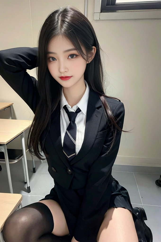 high resolution，21 year old girl，big round breasts，uniform，tic，tie ribbon，blazer jacket，skirt，beautiful eyes with details，long eyelashes，beautiful double eyelids，eye shadow，slit eye，Sanpaku eyes，dark eye makeup，smile，thin legs are pretty，black silk，black boots，school classroom