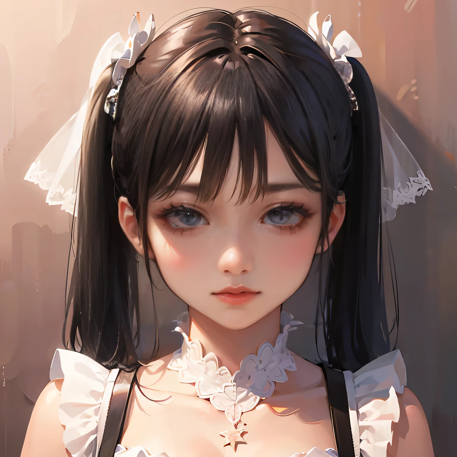 (8k, RAW Photos, Highest quality, masterpiece: 1.2), (Real、Photorealistic: 1.4), (Highly detailed 8K wallpapers), Very delicate and beautiful, Ultra-high resolution, 3d, A girl as cute as a doll, highly detailed dress, Twin tails, Blunt bangs, Highly detailed glossy black hair, Transparent white skin, large, round eyes, Thin lips, round face, From above, Looking at the camera, The best light, Perfect composition, red, pink,