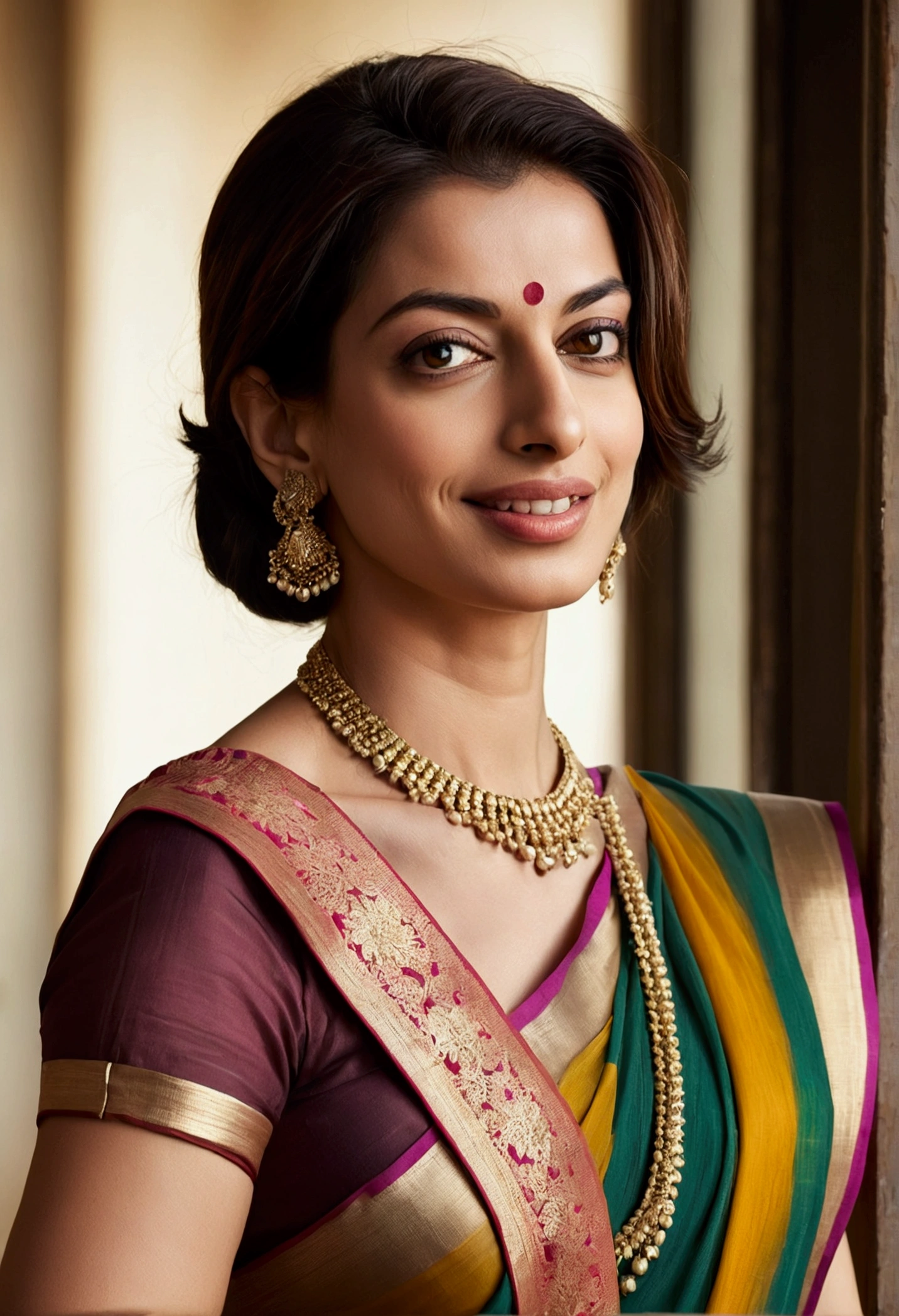 Vertical portrait of a stunning Indian woman in her 30s, dressed in a sun-kissed multicolor saree, exuding confidence and determination. Her Trendsetter wolf-cut brown hair falls softly around her face, framing her striking features. Anne Hathaway-esque charm radiates from her soft smile and full lips, which seem to hint at a thousand secrets. Her black eyes gleam with intensity, as if plotting the next big move in the corporate world - she's a CEO, after all. The sleek, modern composition is set against a smooth, colorized background, emphasizing her sharp jawline and chiseled features. Every detail, from the subtle highlights on her hair to the delicate folds of her saree, is rendered with hyper-realistic precision, making this digital art piece truly breathtaking.