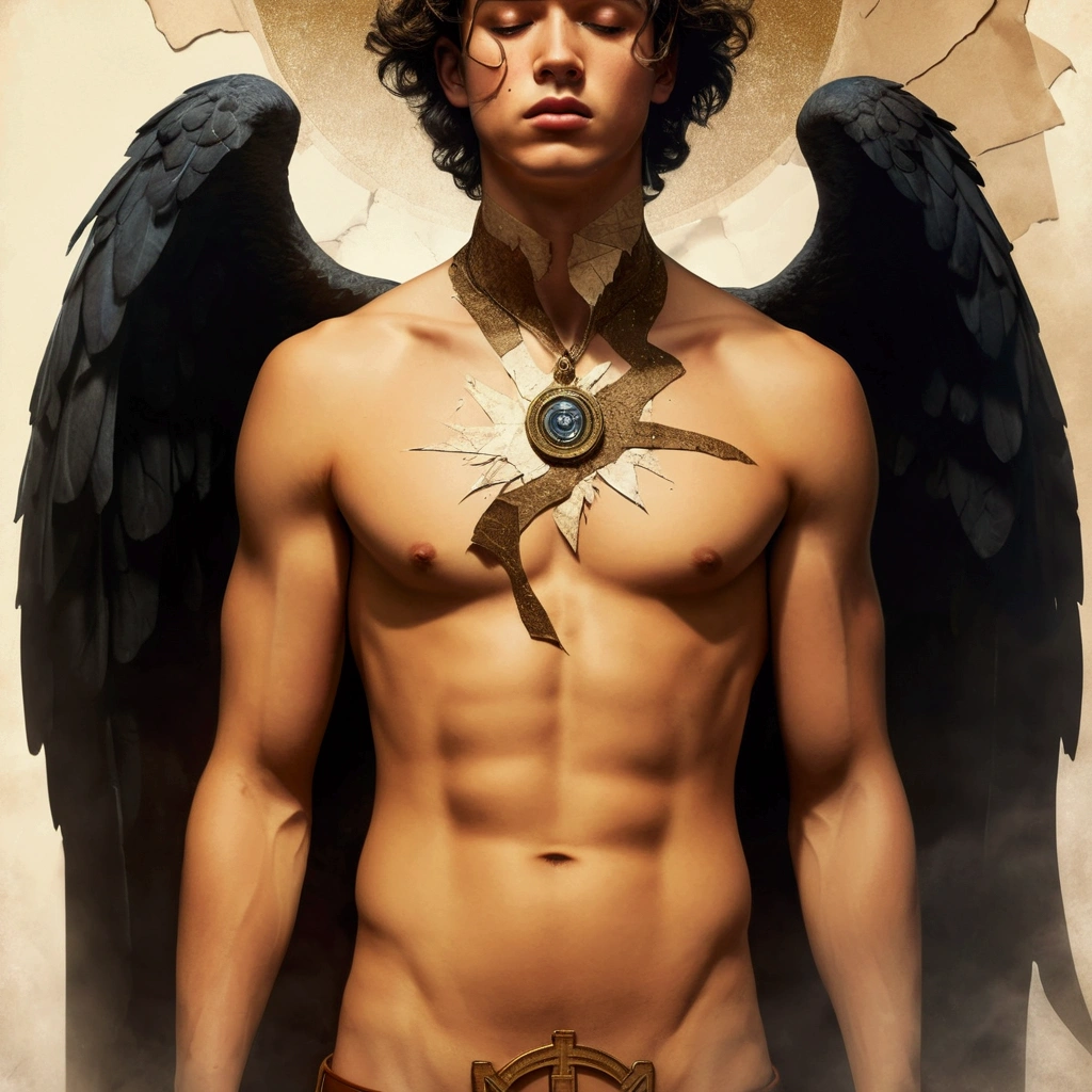 a handsome young man, dramatic pose, eyes closed, sad expression, tears, cracked paper, vintage postcard, medical symbol, Hermes symbol, hyper detailed, hyperrealistic, cinematic lighting, chiaroscuro, digital painting, muted colors, brooding, mesmerizing