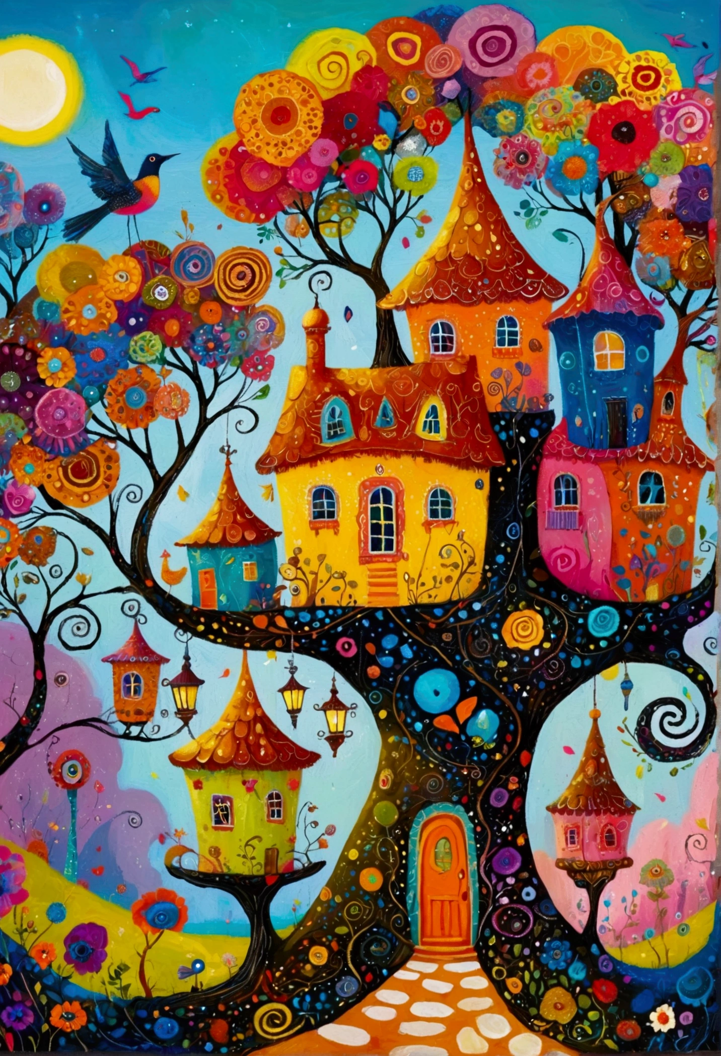 painting of a rich and colorful house with a tree and a bird, Magical Village, Whimsical fantasy landscape art, Whimsical and psychedelic, large rich and colorful images, Whimsical Art, Wizarding World. rich and colorful, colorful、Rich in details, Maximalist Digital Art, whimsical surrealism, Detailed Dreams, Psychedelic surrealist art, rich and colorful illustration, highly intricate and rich and colorful, intricate rich and colorful masterpiece, rich and colorful art
