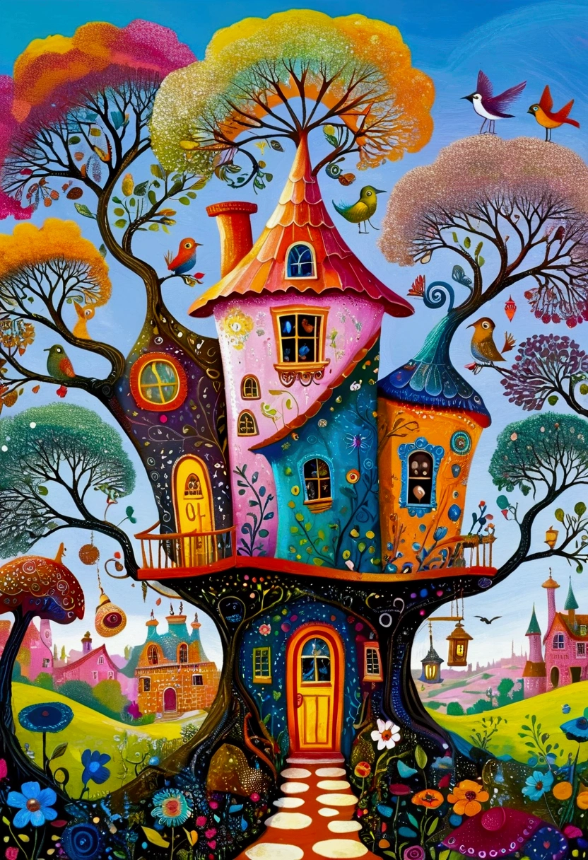 painting of a rich and colorful house with a tree and a bird, Magical Village, Whimsical fantasy landscape art, Whimsical and psychedelic, large rich and colorful images, Whimsical Art, Wizarding World. rich and colorful, colorful、Rich in details, Maximalist Digital Art, whimsical surrealism, Detailed Dreams, Psychedelic surrealist art, rich and colorful illustration, highly intricate and rich and colorful, intricate rich and colorful masterpiece, rich and colorful art