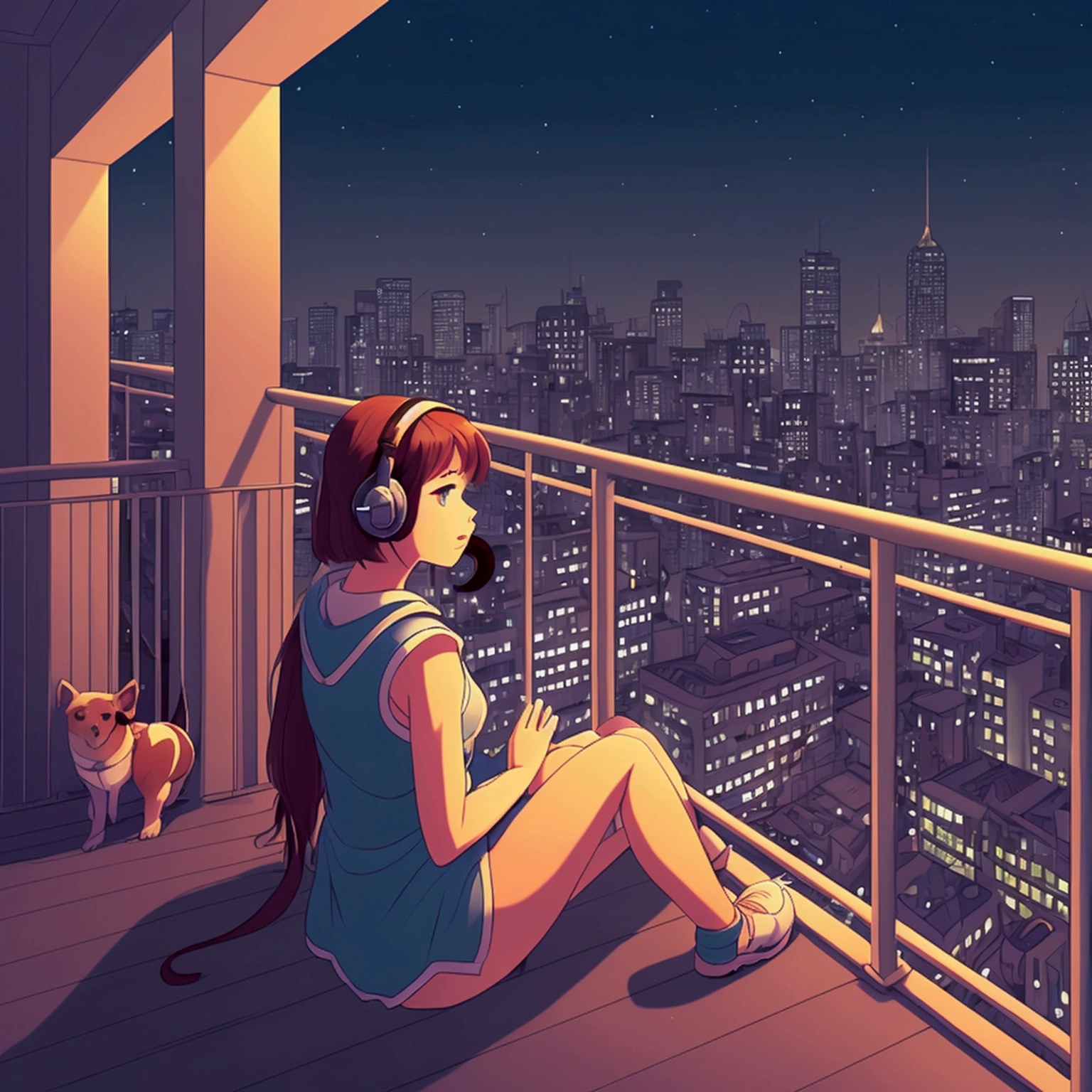 A girl sitting on the balcony , feeling and seeing the out view , focusing the city at night ,in the style of 2d game art ,chinstill 50, with headphones in the ear , linsting the song , night time, coloufull animation skills, with a dog sitting beside next to the girl