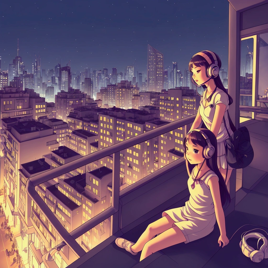 A girl sitting on the balcony , feeling and seeing the out view , focusing the city at night ,in the style of 2d game art ,chinstill 50, with headphones in the ear , linsting the song , night time, coloufull animation skills, with a dog sitting beside next to the girl