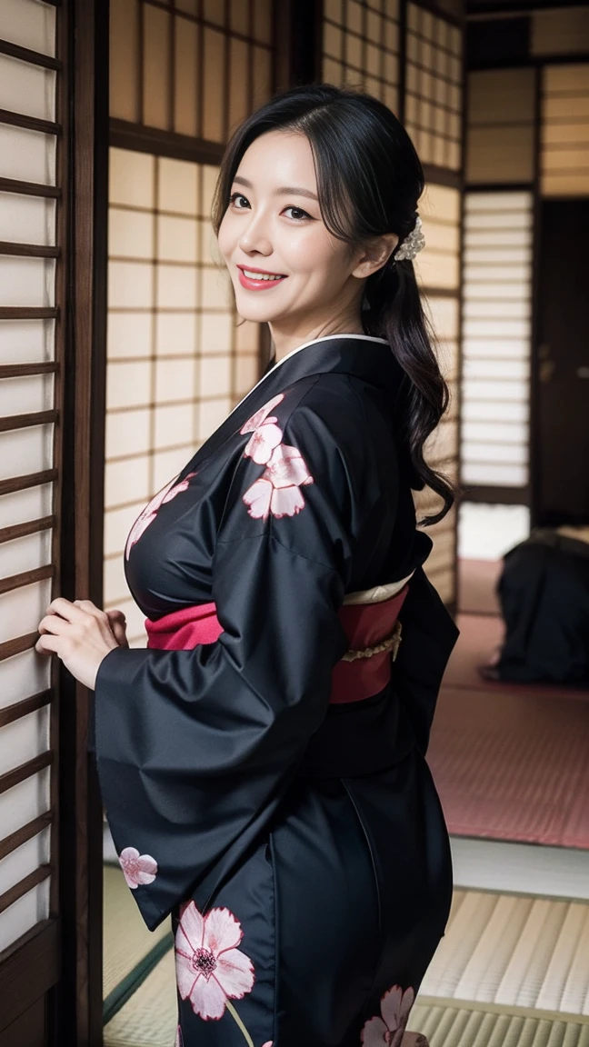 Mature attractive sexy woman,50 years old, ((kimono)),((Brown))、(((kimono))),Shut,((Big Breasts:1.2)),(Facial wrinkles:1.3),light makeup,Light brown hair,Long Hair,(Full body photo:0.85),(Emphasize big buttocks),8k, RAW Photos, Highest quality, Laughter,masterpiece,Highest quality、A kind smile、A captivating gaze、Random Hairstyles、Japanese-style room、Shoji Screen、lanthanum、