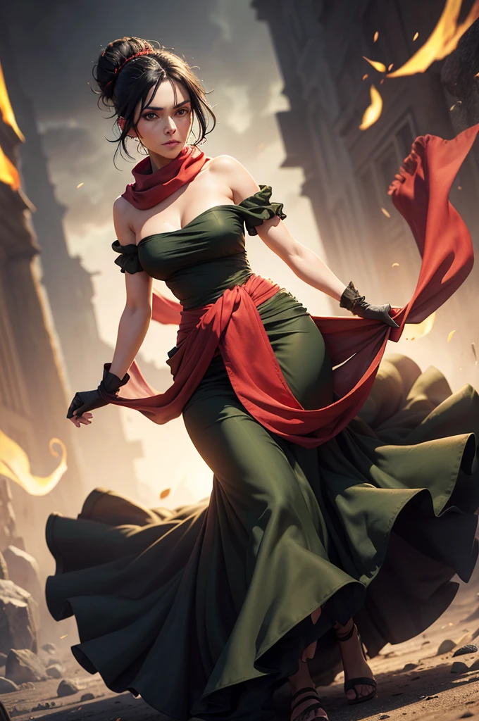 a beautiful woman with intense green eyes, black hair tied in a bun, wearing a strapless full-length dress, a red scarf around her neck, long silk gloves, a fabric wrapped around her waist, fullbody view, intricate detailed dress, photorealistic, highly detailed, digital art, vibrant colors, dramatic lighting, cinematic, fantasy, elegant