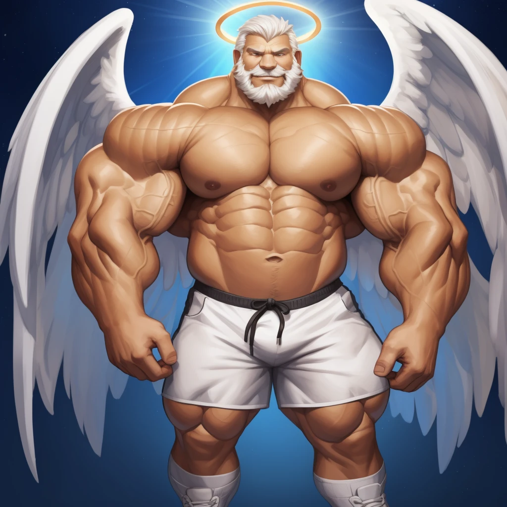 heaven, Solo, 1boy, perfect anatomy, angel, perfect proportion, (huge halo, wing, angel wings), sharp eyes, big eyes, peaceful, angel eyes, halo, (smile, happiness), calm, perfect fingers, big hand, fingers. Huge Muscular Old man with short hair, shoes, (white shorts), view from side, pectoral, thick arms, huge pectoral, wide pectoral, white hair, white beards, simple background, masterpiece, semirealistic:1.2, high detailed, 8k, high resolution, perfect center, full view. ((really big muscle, massive muscular, sixpack, thick arms, wide pectoral, super huge muscle, hyper muscular, over sized muscle, huge arms, big arms, huge pectoral))