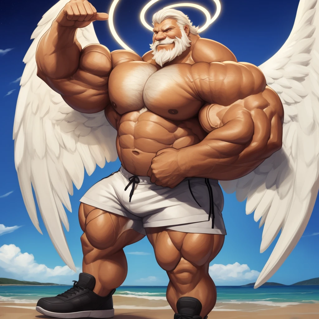 heaven, Solo, 1boy, perfect anatomy, angel, perfect proportion, (huge halo, wing, angel wings), sharp eyes, big eyes, peaceful, angel eyes, halo, (smile, happiness), calm, perfect fingers, big hand, fingers. Huge Muscular Old man with short hair, shoes, (white shorts), view from side, pectoral, thick arms, huge pectoral, wide pectoral, white hair, white beards, simple background, masterpiece, semirealistic:1.2, high detailed, 8k, high resolution, perfect center, full view. ((really big muscle, massive muscular, sixpack, thick arms, wide pectoral, super huge muscle, hyper muscular, over sized muscle, huge arms, big arms, huge pectoral))