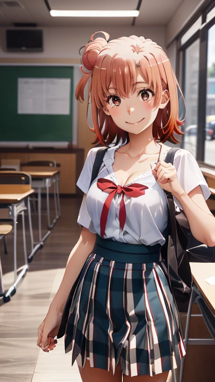 masterpiece, Highest quality, High resolution, Very detailed, Detailed Background, Cinema Lighting, One Girl, shirt、Red ribbon on chest、Large Breastsの腫れ、Check skirt、Micro Mini Skirt, whole body, Day, Day光, Outdoor、very cute and beautiful girl,Teen,(Very detailed美しい顔),(smile),Happy,(Micro Mini Skirt:1.2),((Cleavage、Thin thighs))、(((Fluttering skirt、You can see her white panties))) Dynamic pose,School classroom, (Highest quality,masterpiece:1.2),High resolution,Very detailedな,Very detailed,32K,8k resolution, Intricate details,Movie-like scene,Detailed Background,alone,Dynamic Angle,Beautiful and detailed sky、(((yuigahamaYui, short hair, Single hair bun, 、yuigahama yui、Red eyes, Small Head, clavicle、Large Breasts、明るいsmile、Greet by placing your right hand next to your face、Hair color is light brown)))