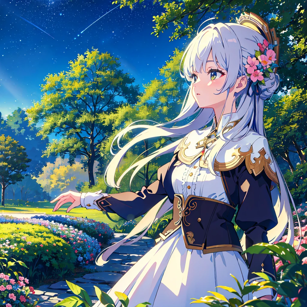 (((masterpiece)))、(((Highest quality)))、((Very detailed))、in the forest、Flowers Bloom、Calm、The light shines、Starry Sky、The wind is blowing、masterpiece,Highest quality,Super detailed,High resolution,8K Portrait,unity 8k wallpaper,extremely detailed CG unity 8k wallpaper