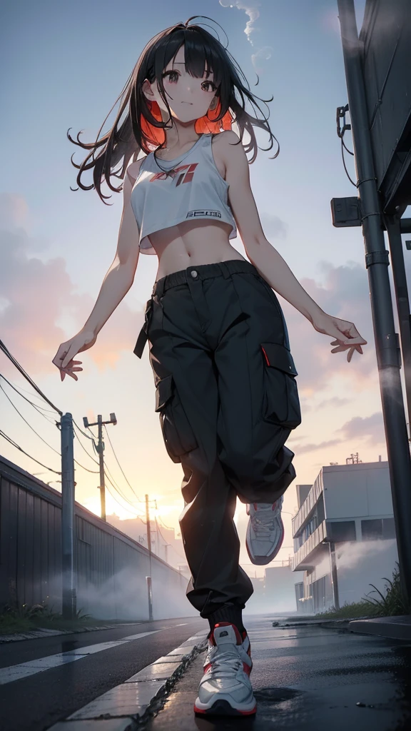 Good-looking girl Baring her belly button Thin legs Wearing black crew socks Wearing boots Wearing a jacket Being attacked and thrown to the ground Screaming with her eyes closed Full body picture