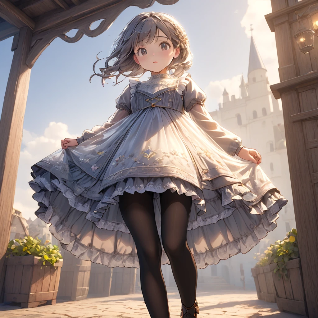 (Highly detailed CG Octane render 8k wallpaper), 8 year old girl underwear, You can see the real bloomers made of cotton fabric., Medieval translucent dress with panniers, Fabric Realism, Low Angle,  Pull up the dress by hand, Strong winds, Translucent slip, Translucent slip, tights, Highest quality, whole body, I can see your thighs, Silver and gold embroidery, The dress also has embroidery
