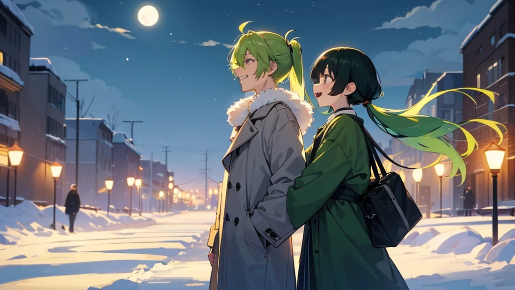 The background is the way home on a full moon day in midwinter.。A couple walking side by side。The woman has cute yellow-green hair in twin tails.。The man is a handsome man with short black hair.。They are both laughing a little sadly.