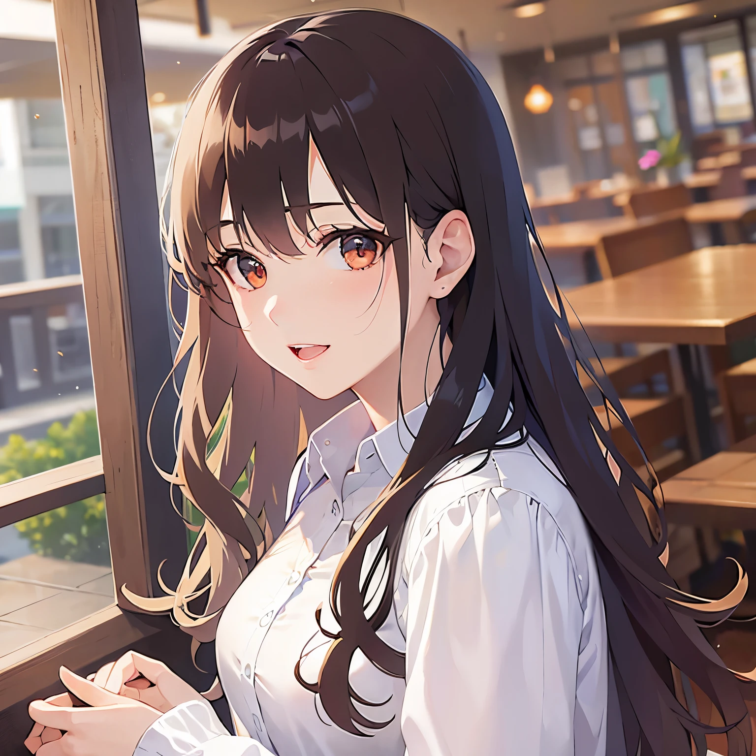 （looking at viewer:1.5）,Upper Body,
 Realistic, real person, (pale skin: 1.2), RAW photo, photorealistic, shiny skin, shiny hair、
(A 25-year-old woman with medium-length hair and bangs) and (wavy hair) and (brown hair) and (orange eyes) 、
(tearful:1.2),smile、open mouth,White long sleeve dress、The background is inside the restaurant