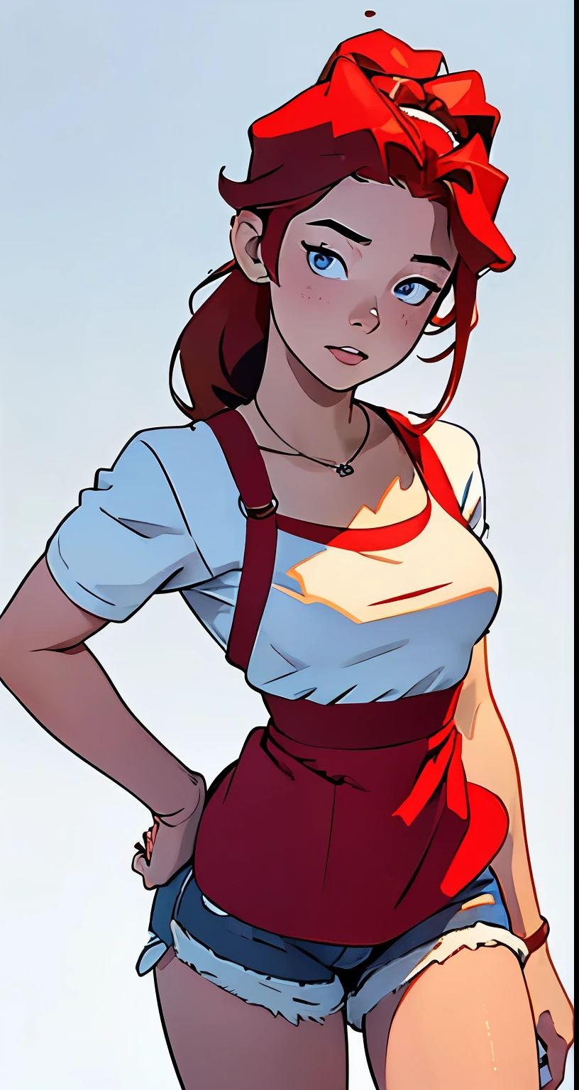 masterpiece, best quality, half body, 1girl, highest image quality, 21-year-old woman waitress, looks like Olivia Dunne, bright red hair, blue eyes, wearing a white t-shirt, denim shorts and ((a red apron)), surprised, large breasts, White background, empty background
