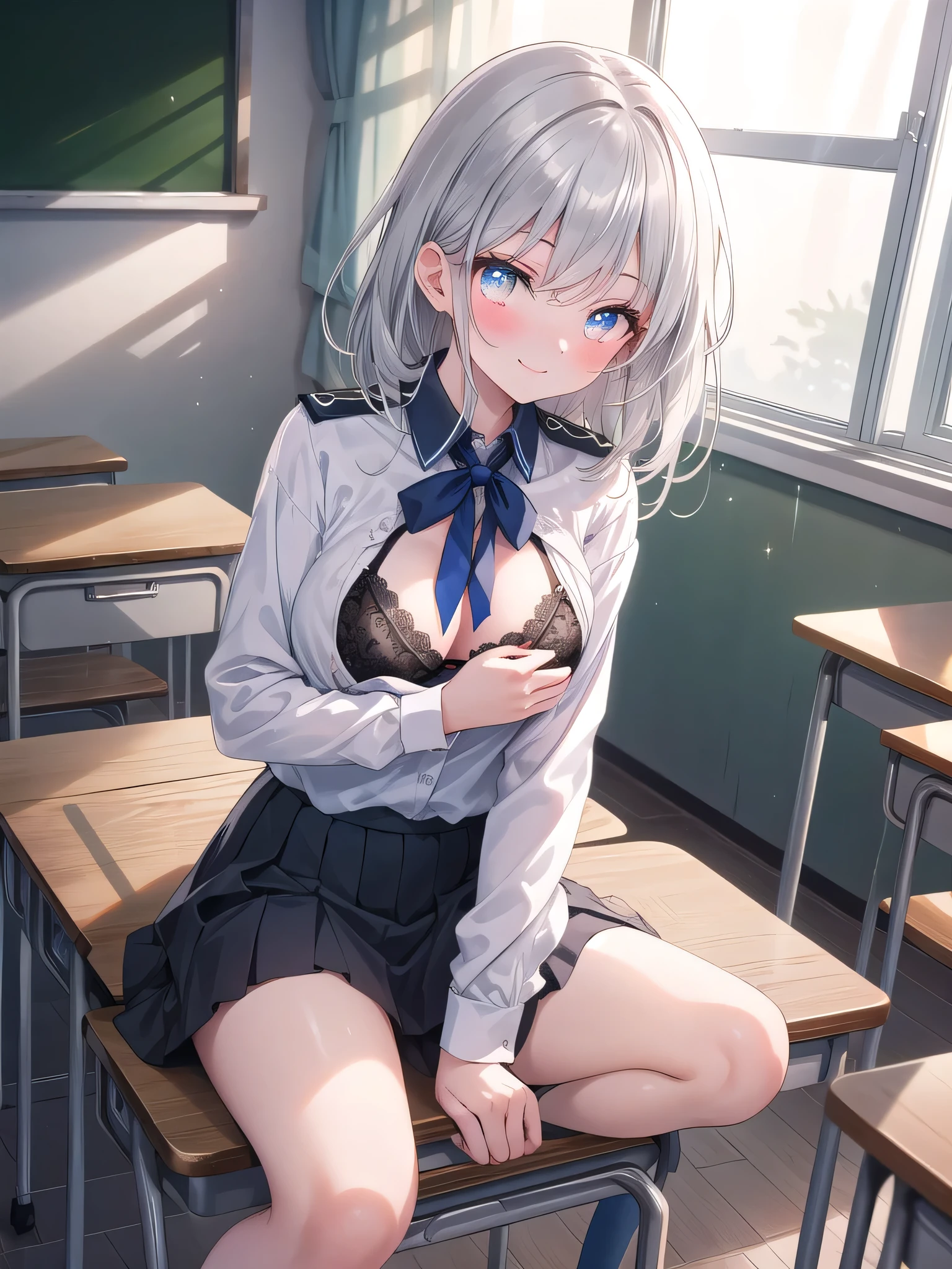 (8K, Best Quality, Masterpiece:1.3)), Ultra High Resolution, (1 Girl, 1 Person), (Color Changing Eyes, Super Detailed, Expressive Sparkle, Sparkling, Glowing Eyes), Highly Detailed Eyes, Highly Detailed Face, Random Hair, (Silver Gray Color), "Woman wearing a casual top with a low neckline." "Woman wearing a uniform with a low neckline." The background is a school classroom, a calm space with simple desks and chairs. The classroom walls have learning posters and a blackboard, and soft natural light pours in through the window. The woman is captured at an angle from above, with her silver hair hanging straight down.
She is wearing a clean white uniform shirt with a low neckline. The V-shaped cut of the shirt accentuates her chest, and a simple white bra is visible underneath. The lace details of the bra are slightly visible, and the fabric of the shirt fits her body. The skirt of the uniform is above the knees, and a ribbon with a crescent-shaped accessory is tied at the chest.
She is smiling with a relaxed look, slightly blushing, and her figure blends in with the natural atmosphere of the classroom, and the bright light in the background adds a soft glow to the whole look.