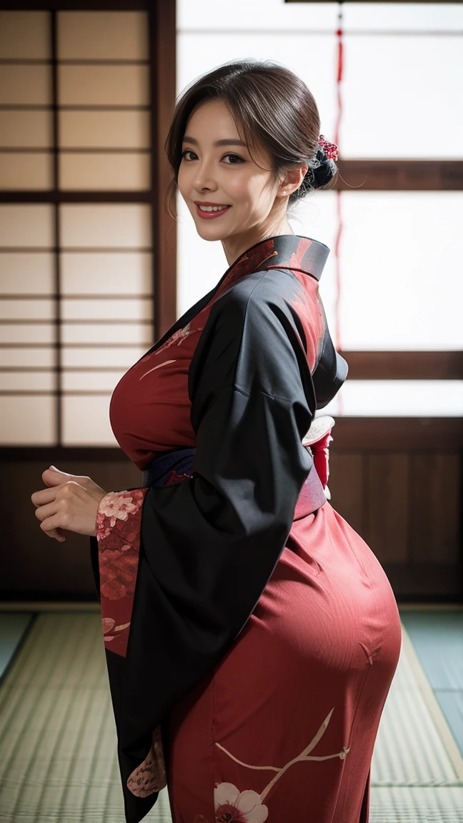 Mature attractive sexy woman,50 years old, ((kimono)),Dark Green、(((kimono))),Shut,((Big Breasts:1.2)),(Facial wrinkles:1.3),light makeup,Light brown hair,Long Hair,(Full body photo:0.85),(Emphasize big buttocks),8k, RAW Photos, Highest quality, Laughter,masterpiece,Highest quality、A kind smile、Captivating Gaze、Random Hairstyles、Japanese-style room、Shoji Screen、lanthanum、