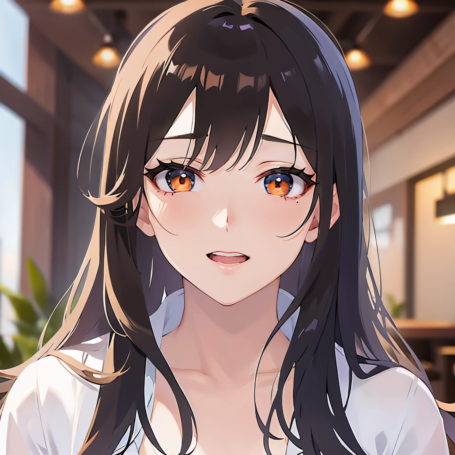 (looking at viewer:1.5),Upper Body,
Realistic, real person, (pale skin: 1.2), RAW photo, photorealistic, shiny skin, shiny hair、
(A 25-year-old woman with medium-length hair and bangs) and (wavy hair) and (brown hair) and (orange eyes) 、
(tearful:1.2),smile、open mouth,White long sleeve dress、The background is inside the restaurant