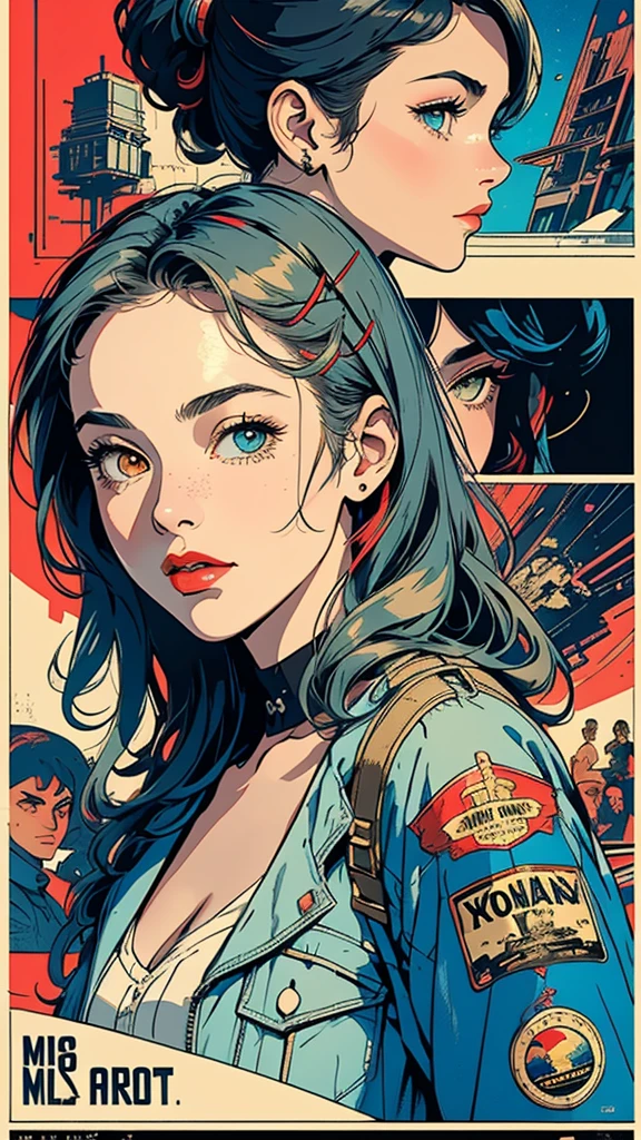 (((masterpiece, highest quality))),(((solo:1.2))),(((1girl:1.2))),32k wallpaper, very detailed, vintage science fiction,(((((retro vintage movie poster))))), (bauhaus),(((abstract))),(mid century modern),(((((portfolio))))),(((((Close-up))))),(((((bust up))))),((((more various angle)))),(((highlight))),Vast landscape,((((heterochromia)))),(((complete detailed face))),(((Riders jacket))),(((most complecated machine))),Colorful color scheme,Cleavage,70s,80s