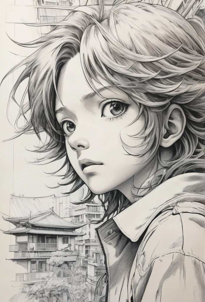 Anime line art, by Naoki Urasawa, sketch, best quality, masterpiece, very aesthetic, perfect composition, intricate details, ultra-detailed, B&W