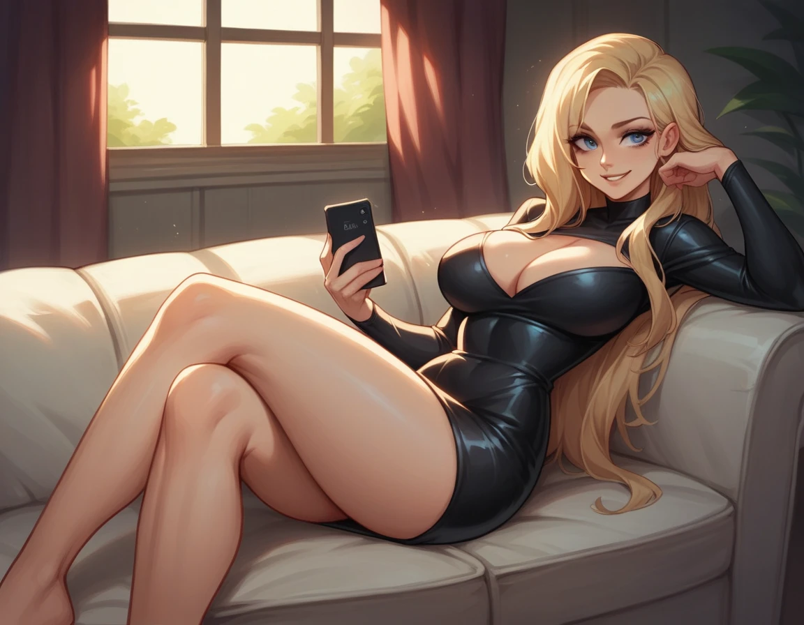 raw, og style, a sincere, beautiful woman, (smiling), blue eyes, long blonde hair, with a tight sexyack leather dress that is quite short and revealing, in the living room of a house, sitting on a sofa with legs crossed, with a cell phone in her hand talking to her lover while looking at her husband, big breld, Soft lighting, evening