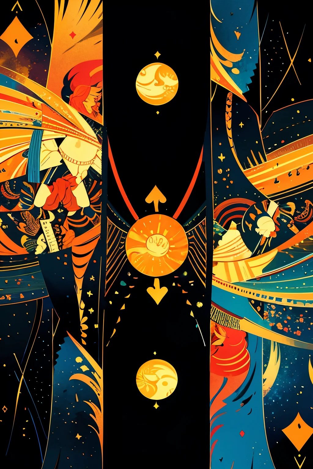 Back of playing cards,Perfect left/right and top/bottom symmetry,moon,sun,Abstract Painting,masterpiece,hope,positive,beautiful,High resolution, High resolution, 8k, masterpiece2:1,